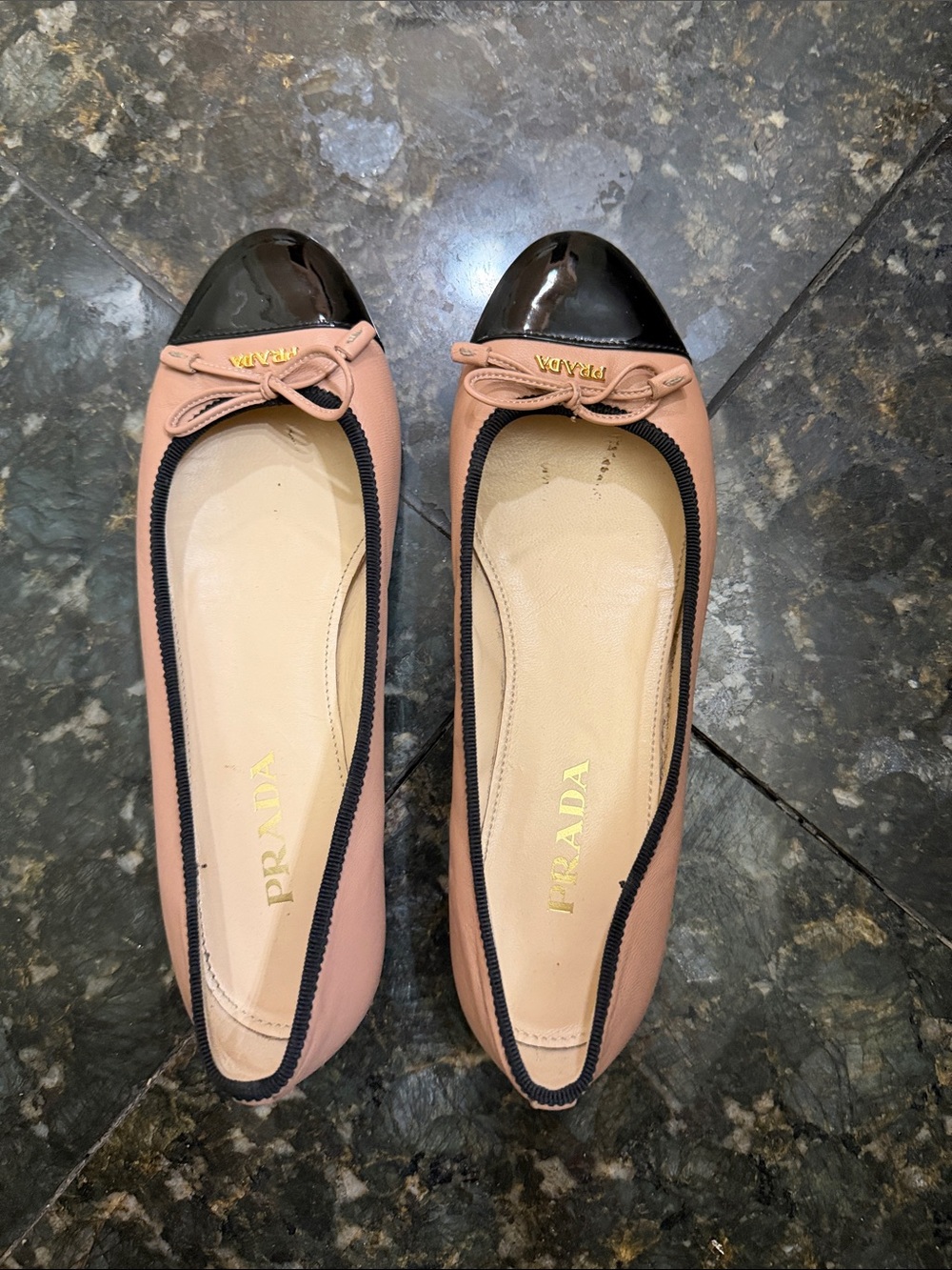 Prada Nude and Black Cap-Toe Leather Ballet Flats